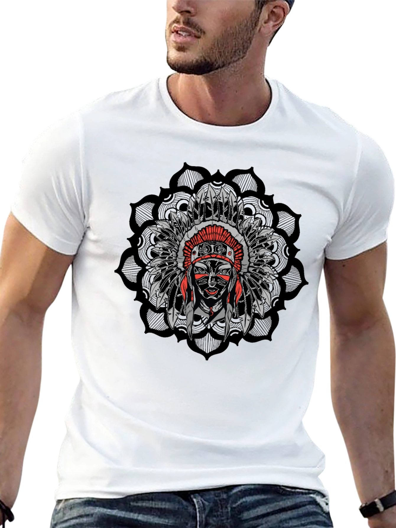 Native American Chief Headdress Mandala Mens Black T-Shirt