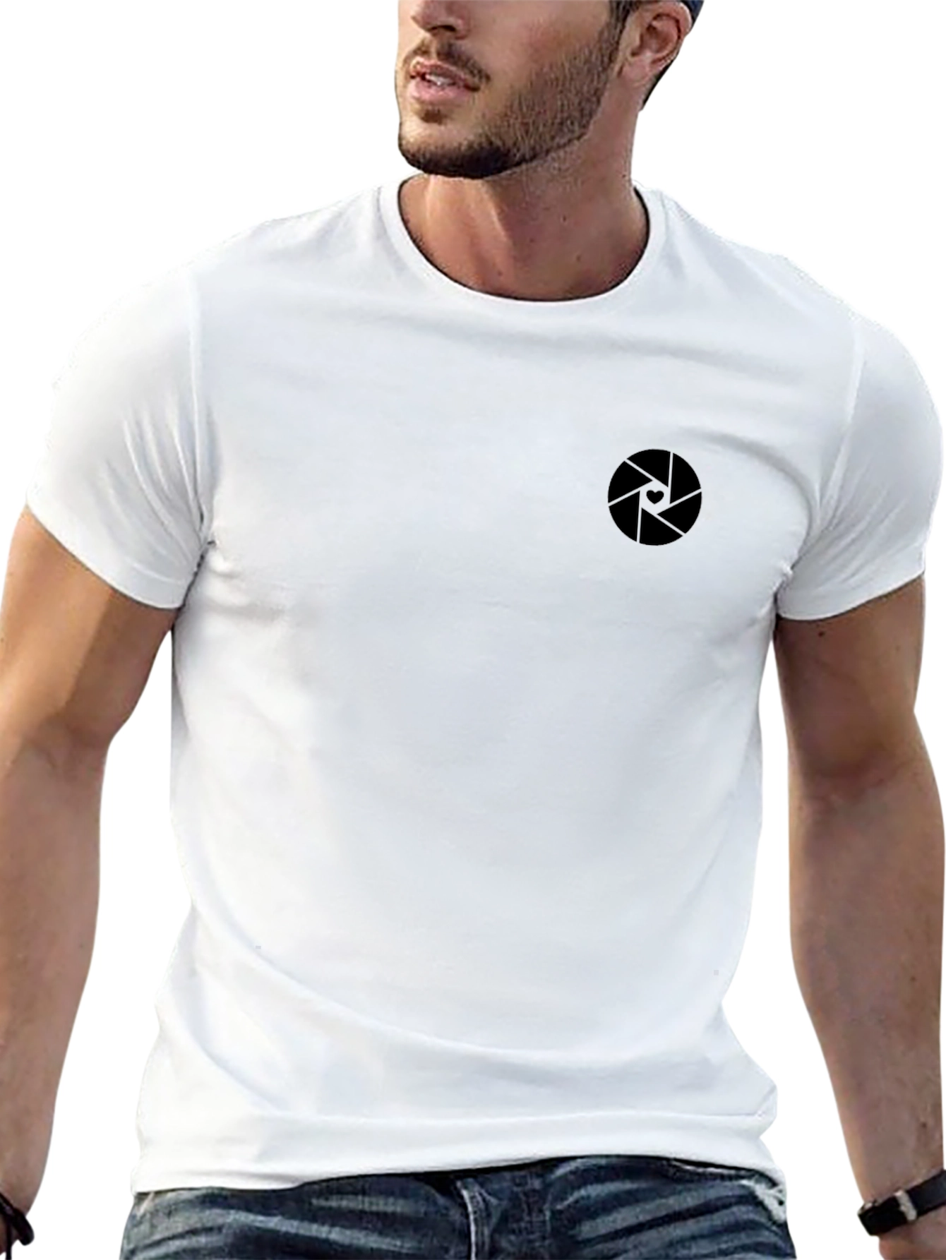 Mens Modern Black T-Shirt with Camera Aperture Logo