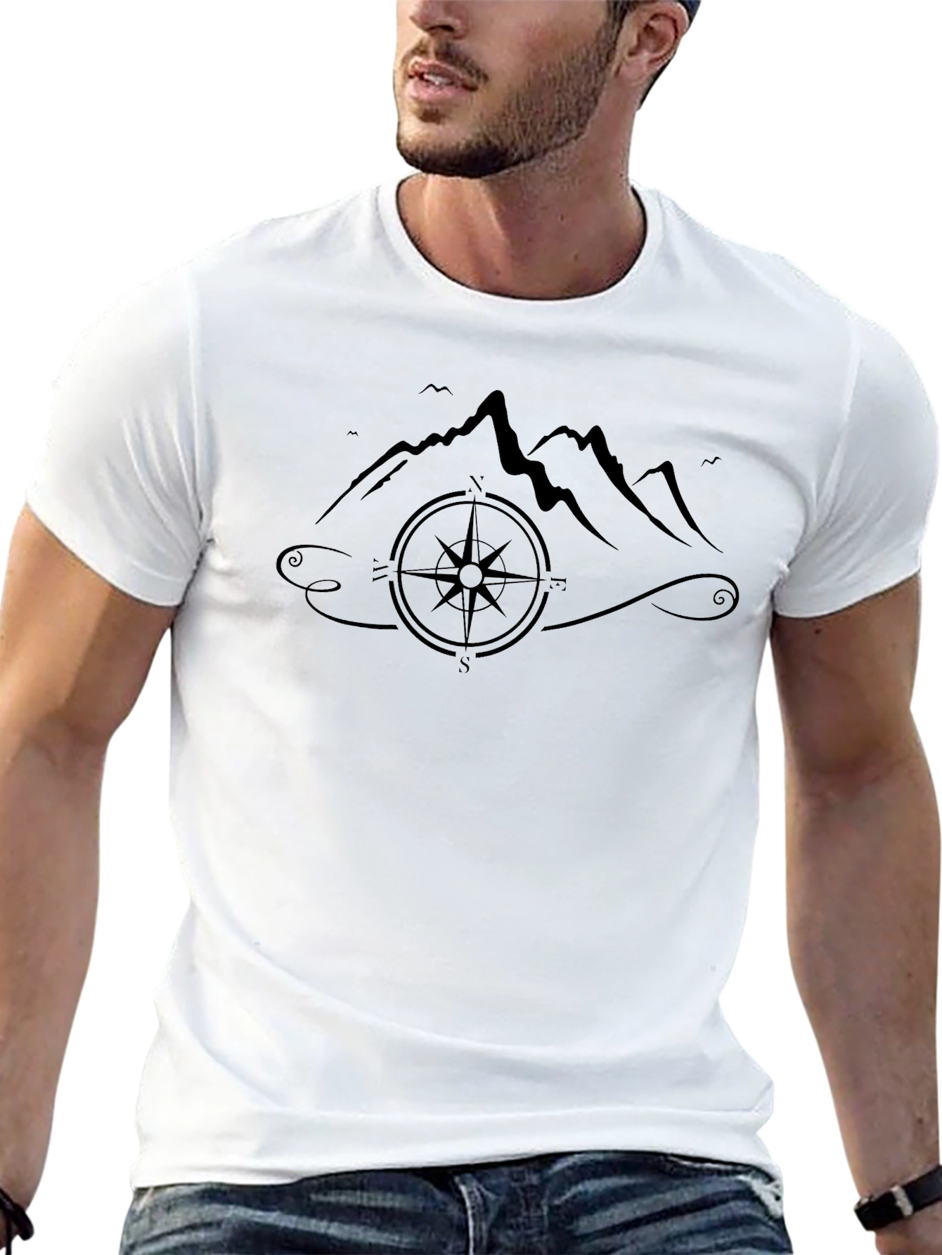 Mountains and Compass Graphic Black T-Shirt