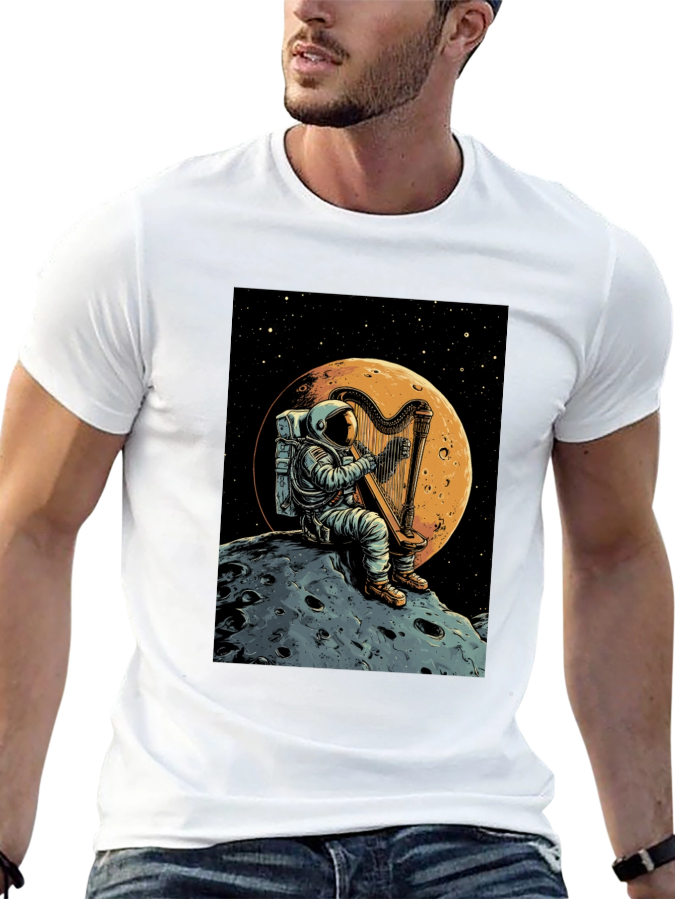 Astronaut Harp Moon T-Shirt - Space Music Tee