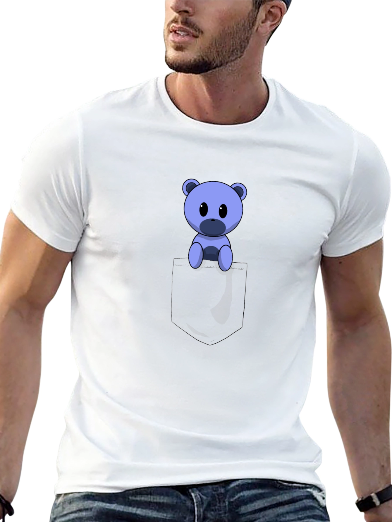 Cute Cartoon Bear in Pocket Black T-Shirt