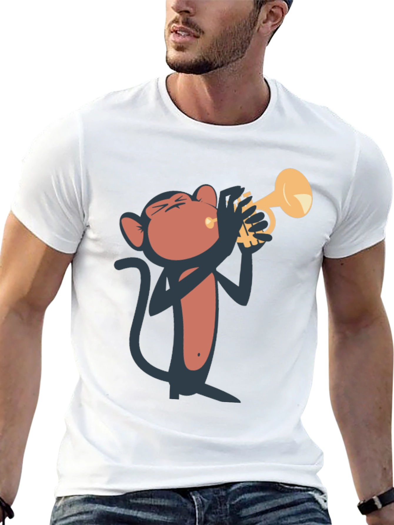 Monkey Playing Trumpet Graphic Tee - Black Cotton T-Shirt