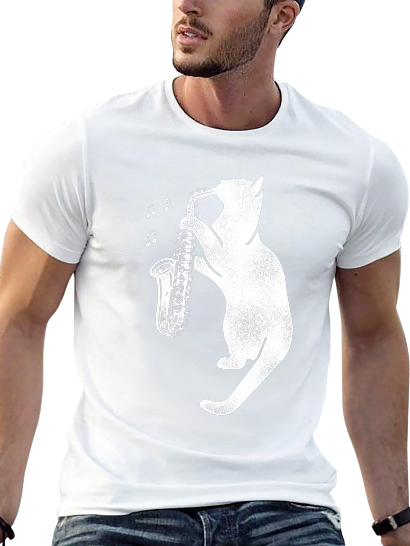 Cat Playing Saxophone Graphic Tee - Black Cotton Shirt