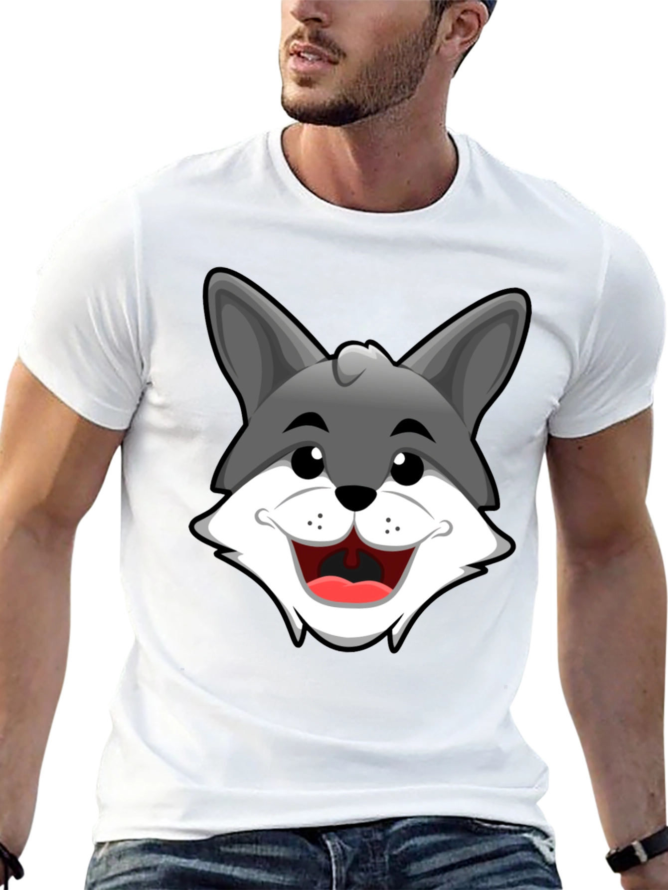 Cartoon Wolf Graphic T-Shirt - Black Cotton Tee