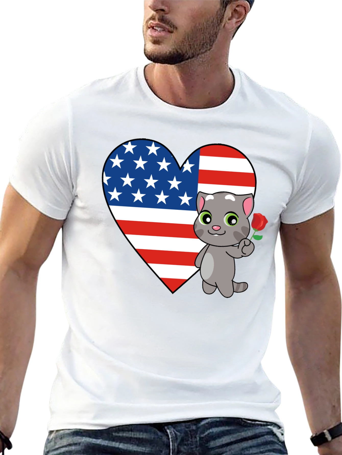 American Flag Heart Cat Graphic T-Shirt