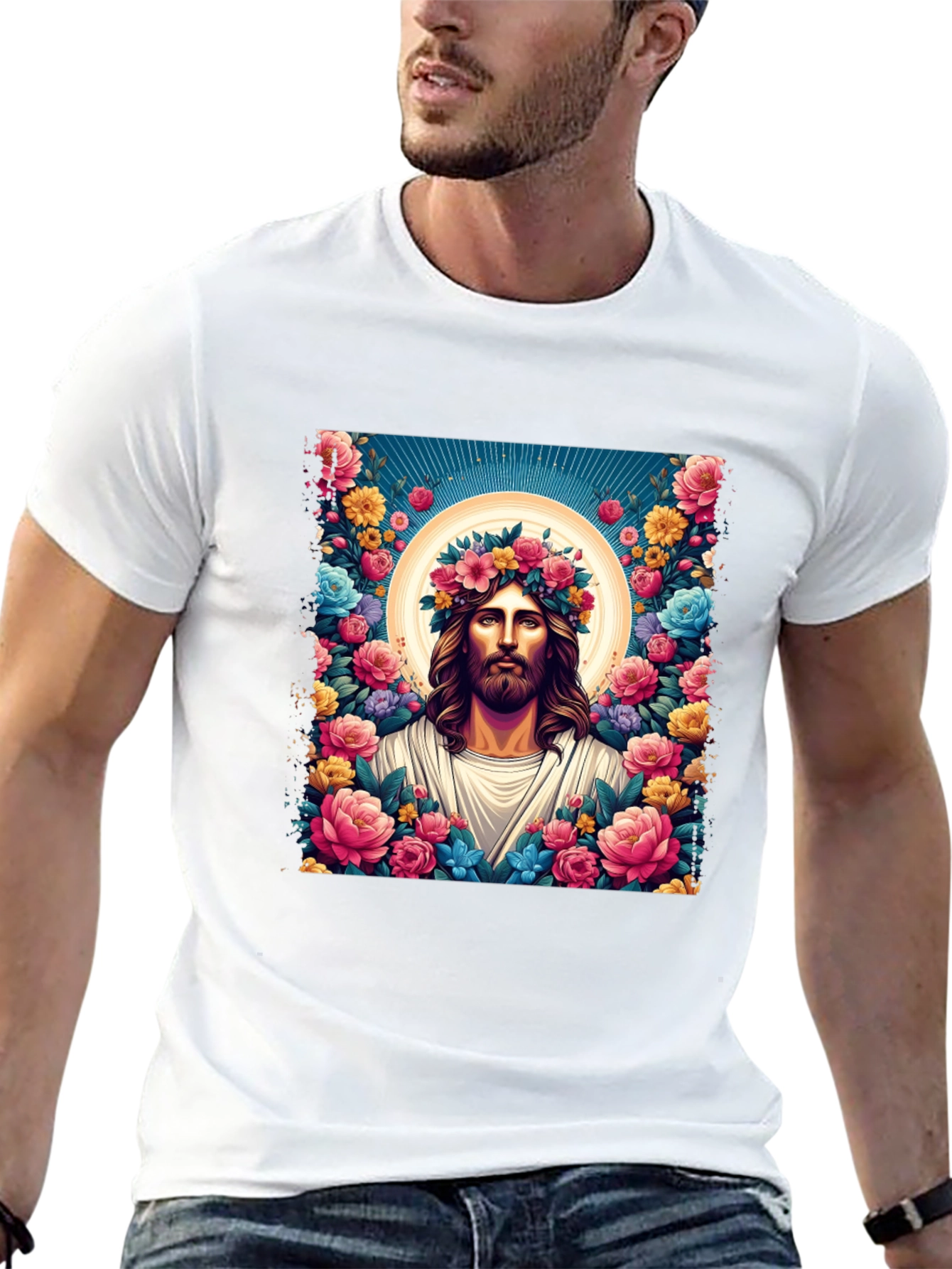Floral Jesus Graphic Tee - Black