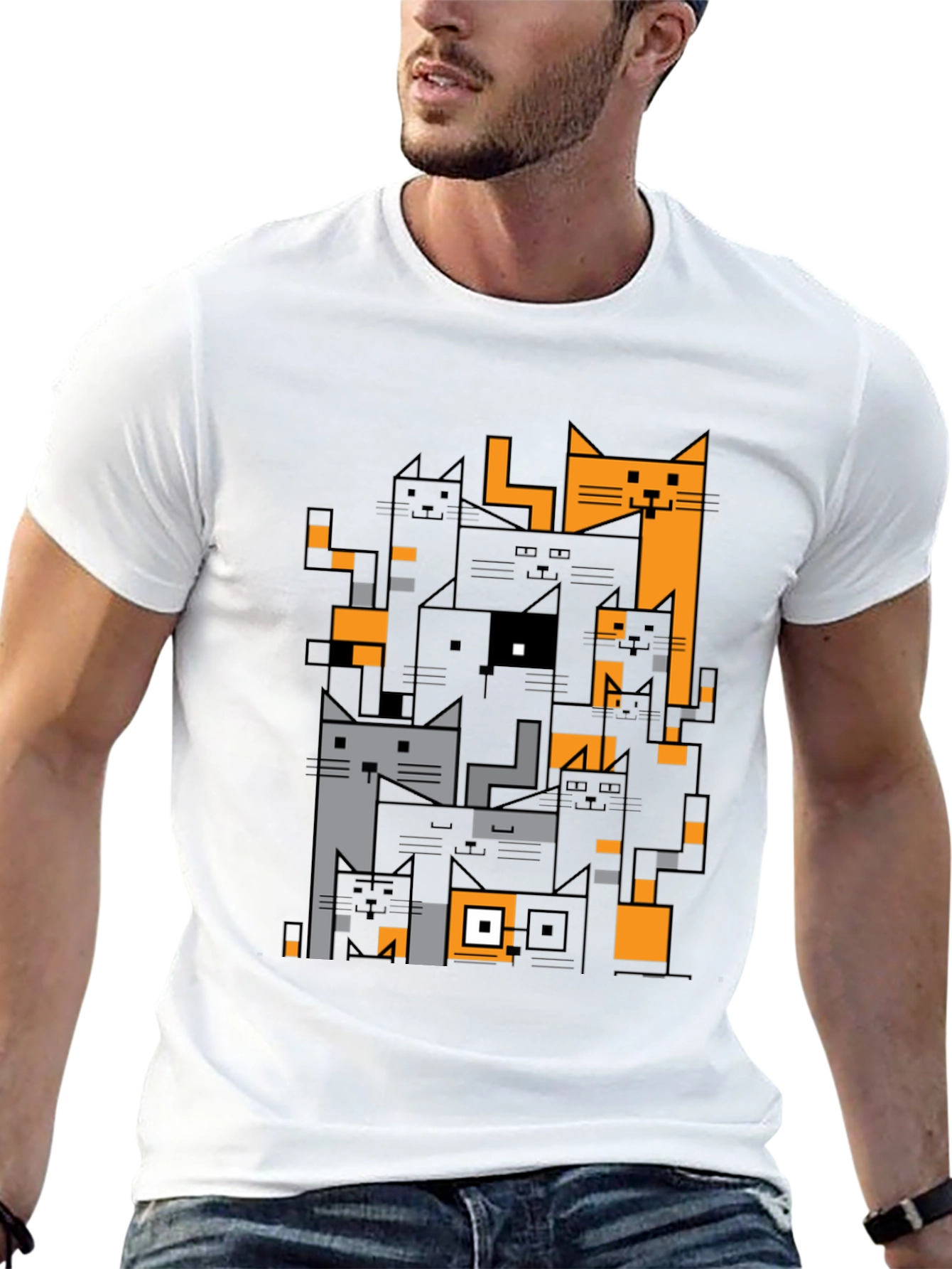 Geometric Cats Black Graphic Tee