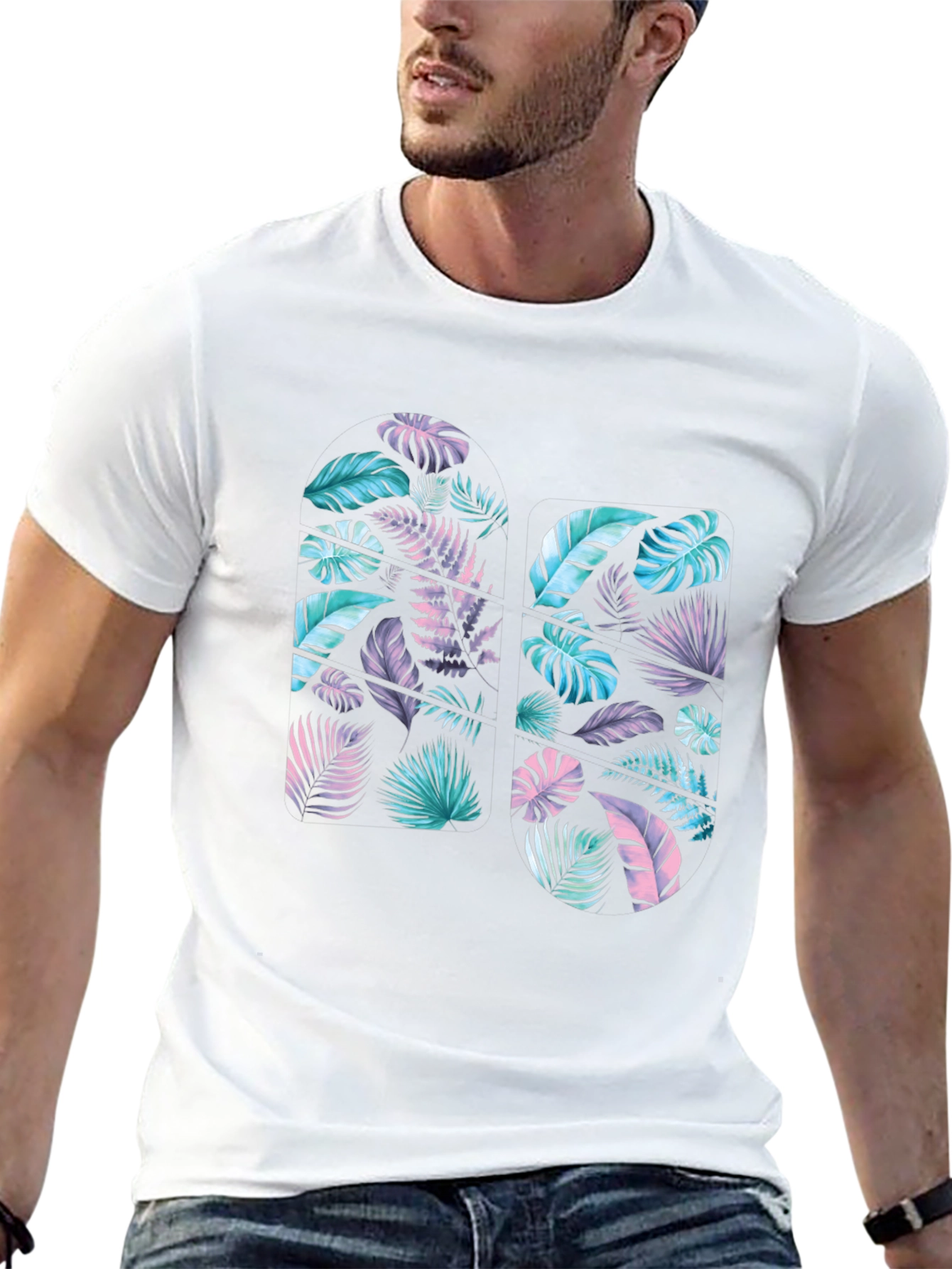 Tropical Leaf Print Black T-Shirt