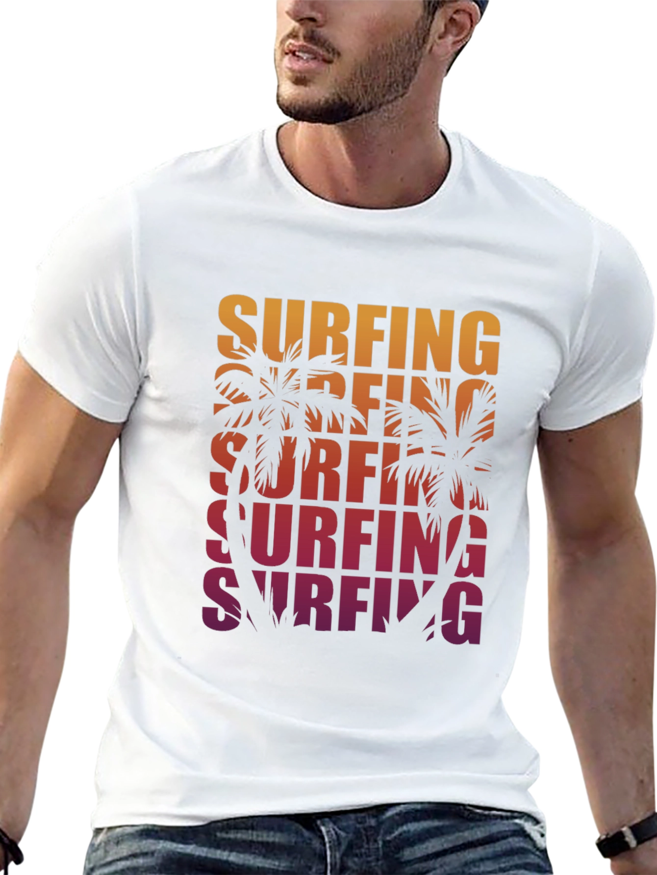 Surfing Palm Tree Graphic Tee - Retro Style