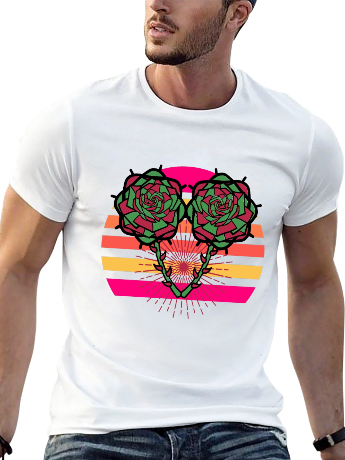 Retro Rose Sunset Graphic Tee - Stylish Black T-Shirt
