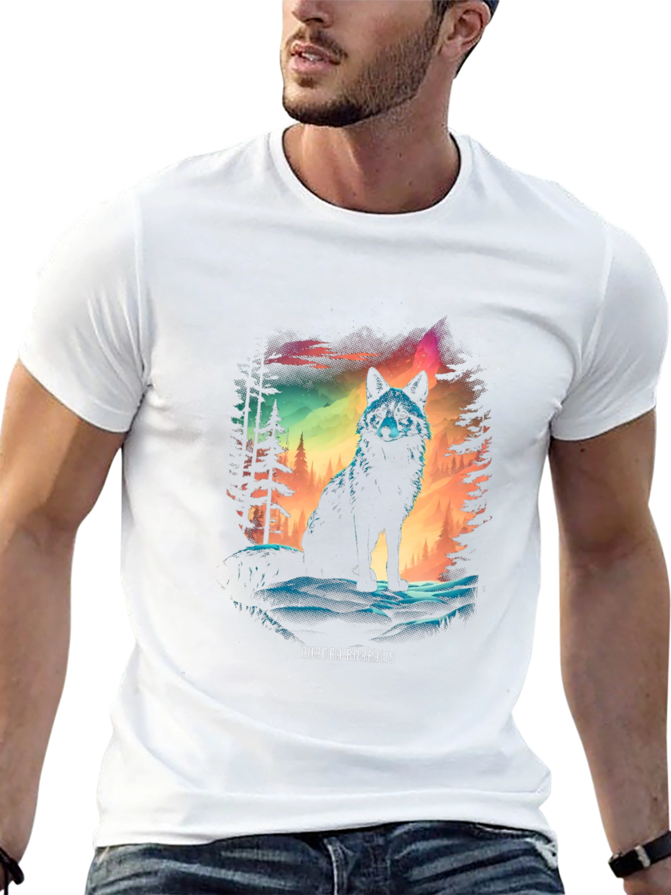 Aurora Borealis Wolf Graphic T-Shirt