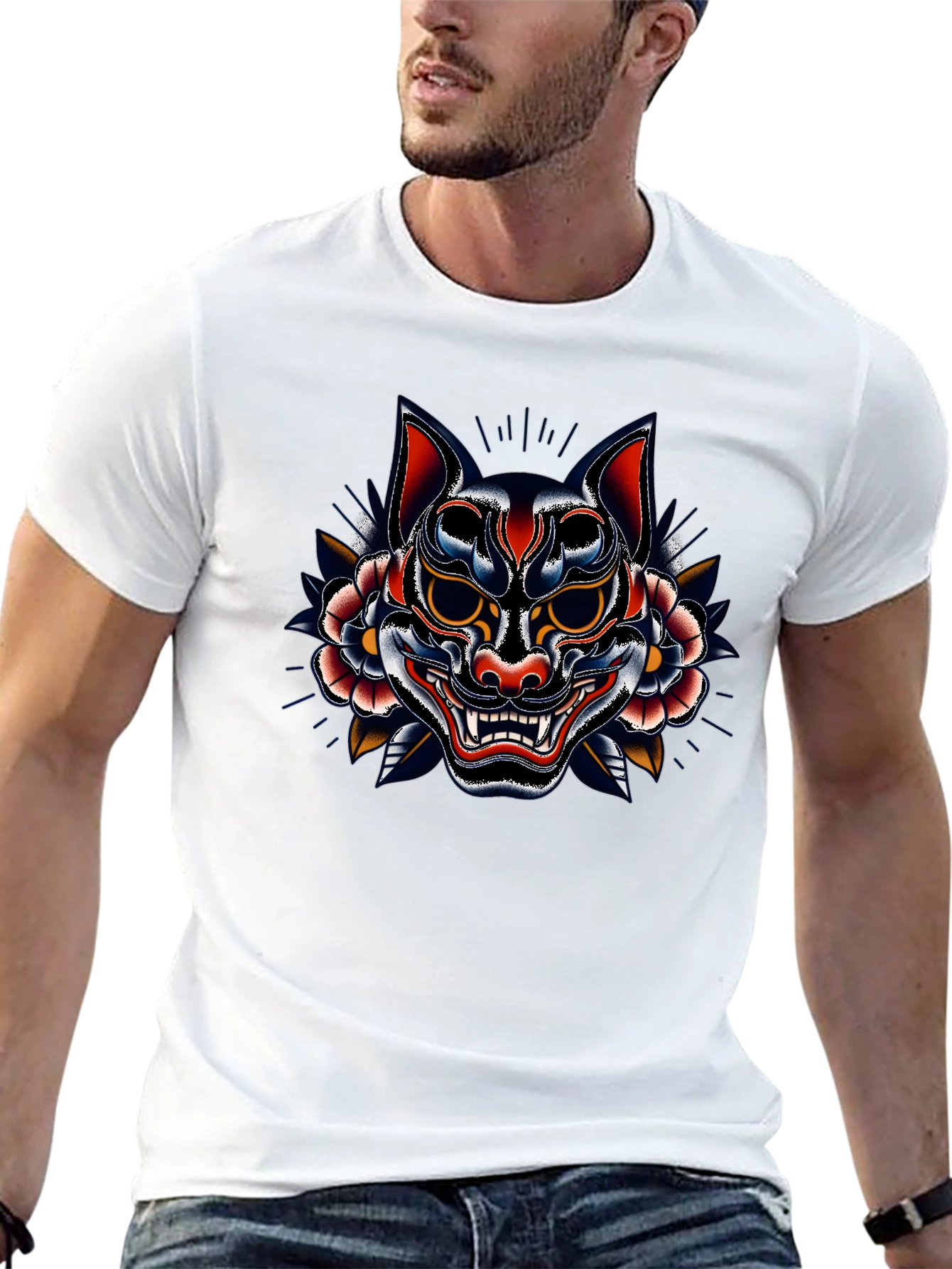 Mens Black T-Shirt with Oni Mask Graphic