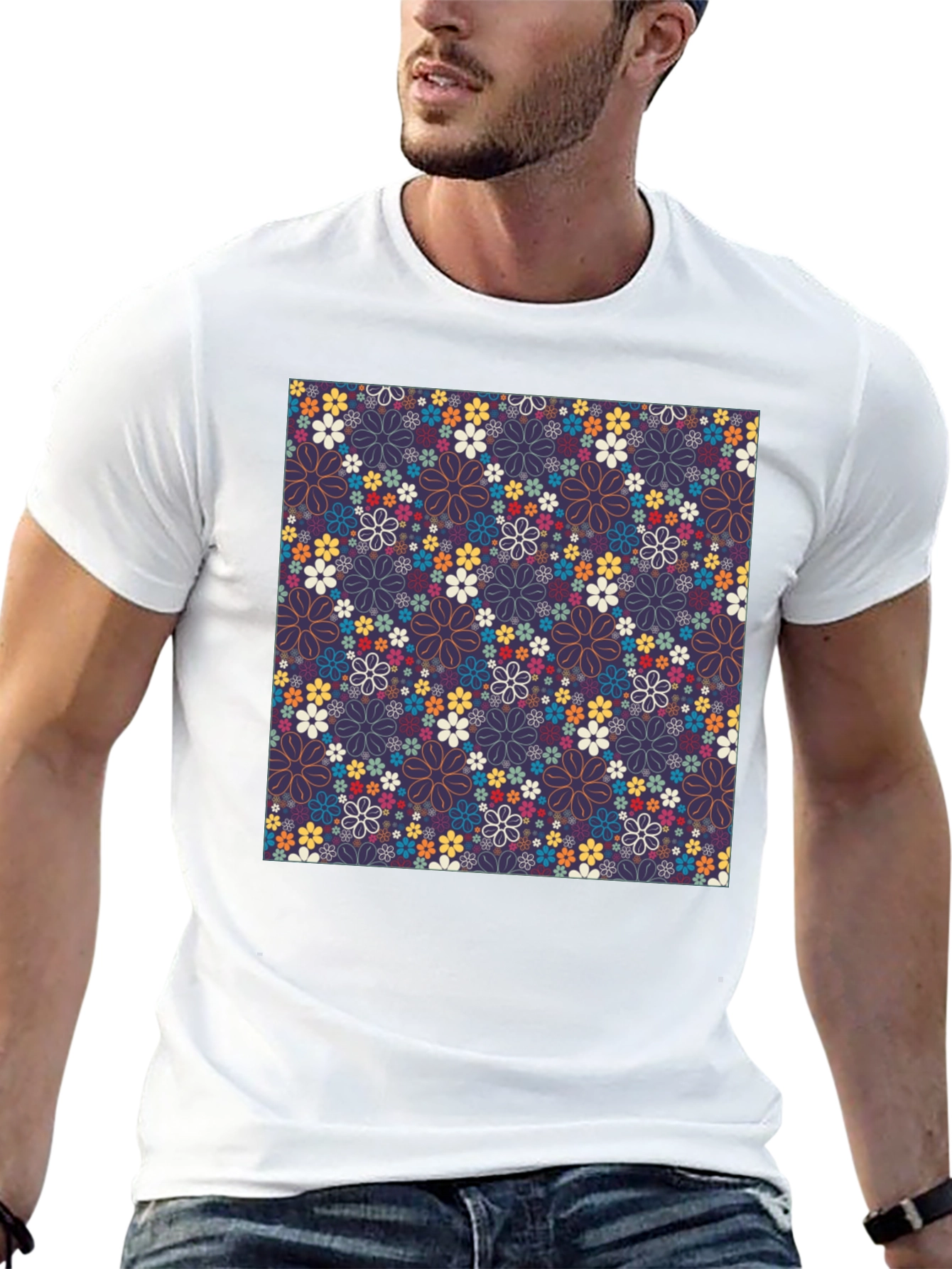 Floral Print Crew Neck T-Shirt - Black