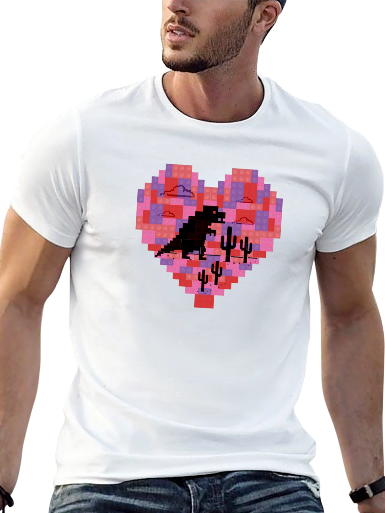 Pixel Heart Dinosaur Graphic Tee - Soft Cotton Blend