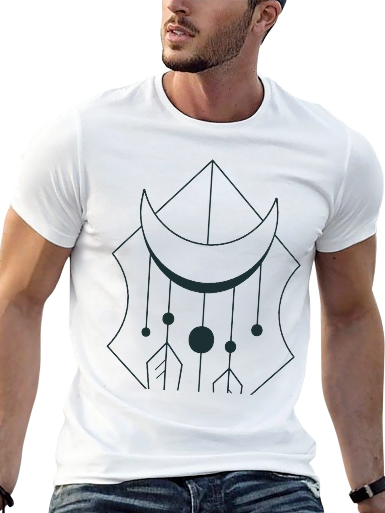 Geometric Moon Graphic Tee - Black Cotton Casual Wear