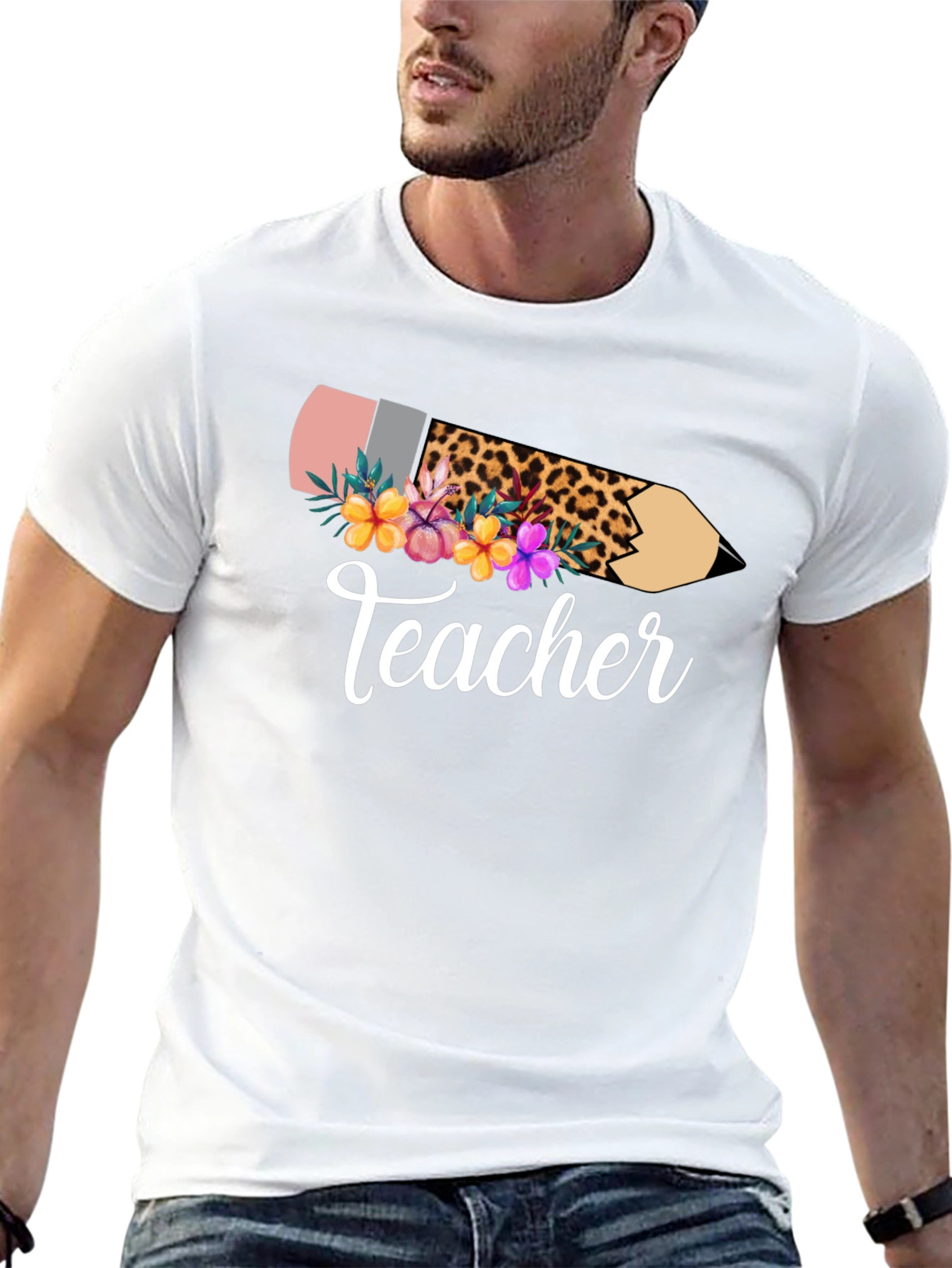 Teacher Leopard Pencil Floral Black T-Shirt