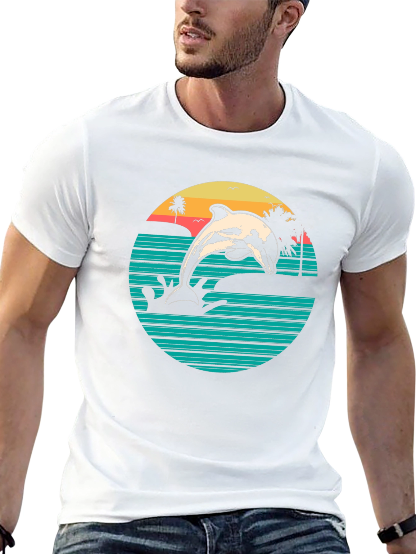 Retro Dolphin Beach Sunset Graphic T-Shirt