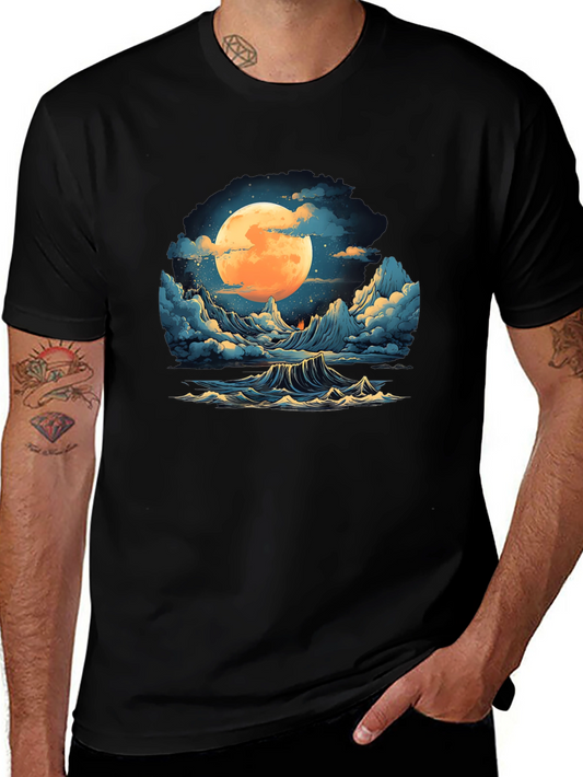 Full Moon Ocean Wave Graphic Tee - Stylish Black T-Shirt