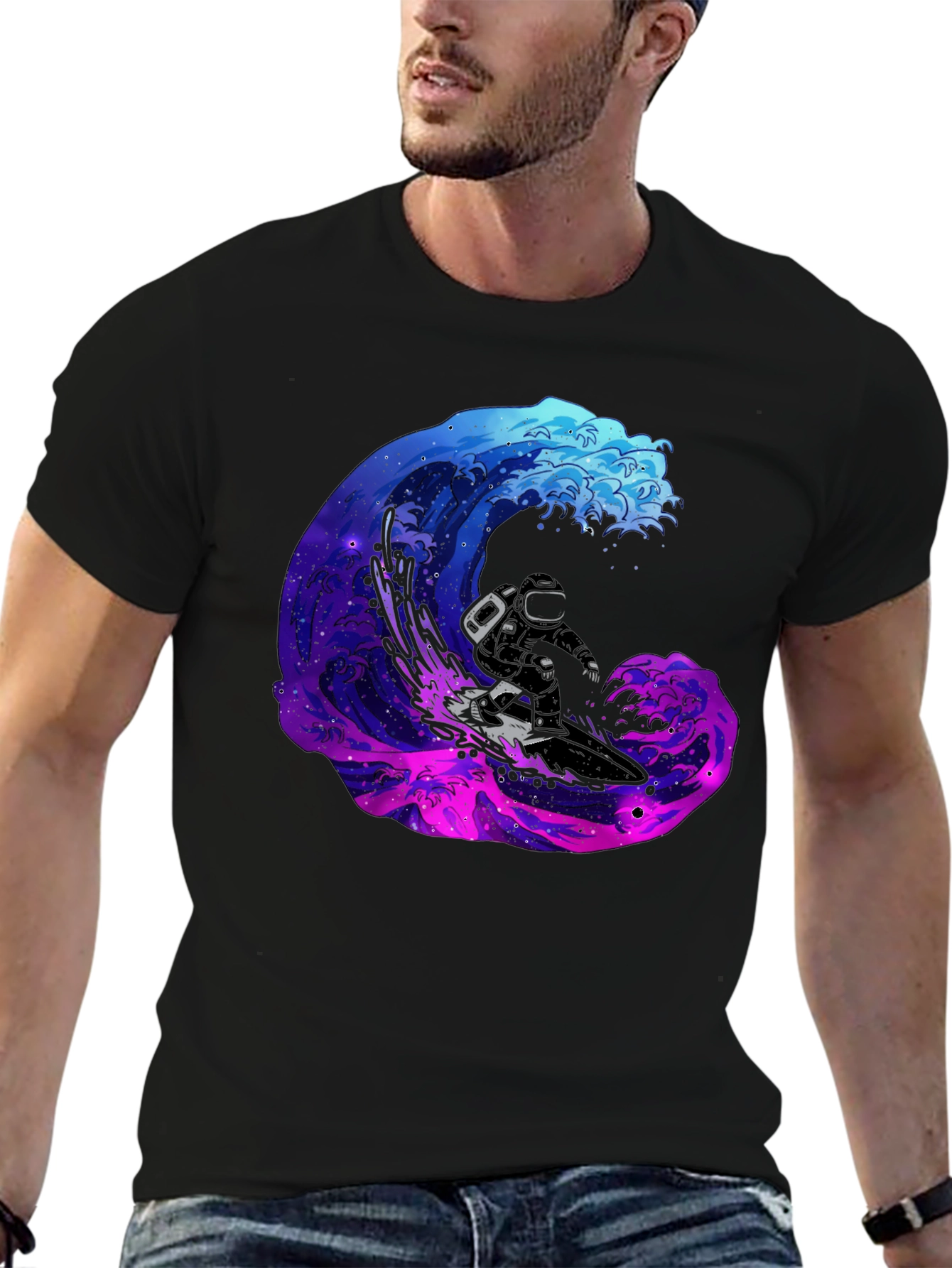 Astronaut Surfing Galaxy Wave Black T-Shirt