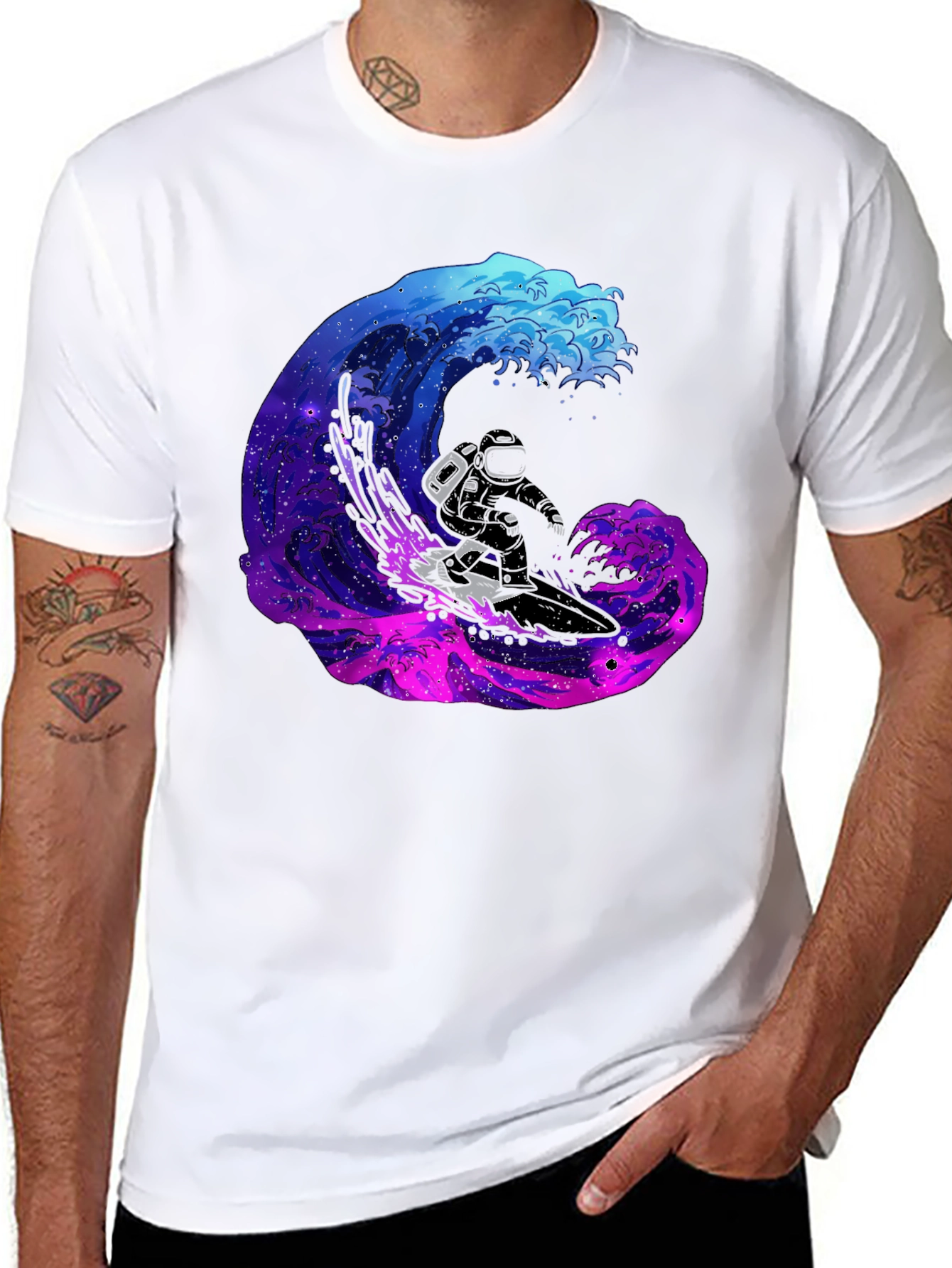Astronaut Surfing Galaxy Wave Black T-Shirt