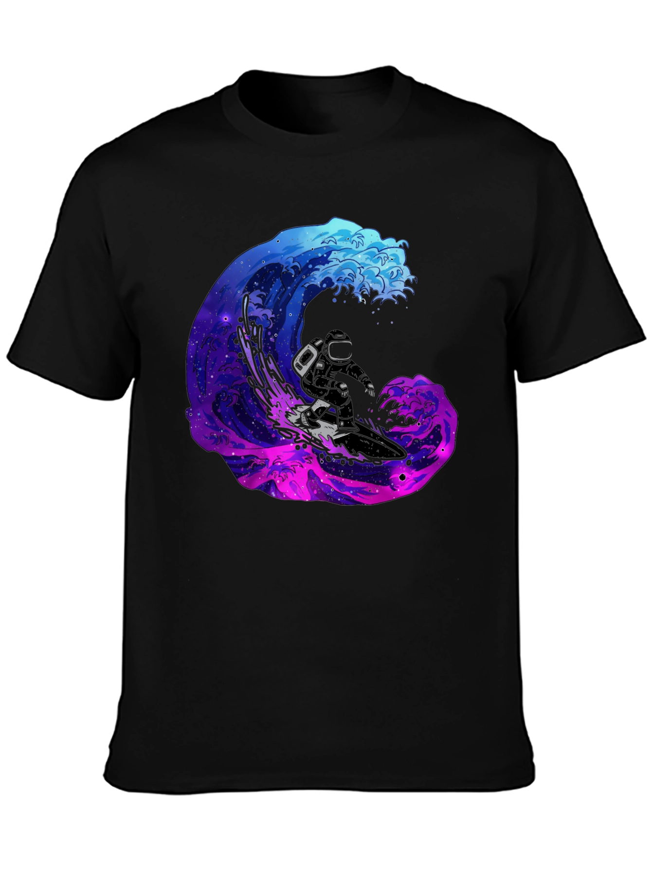 Astronaut Surfing Galaxy Wave Black T-Shirt