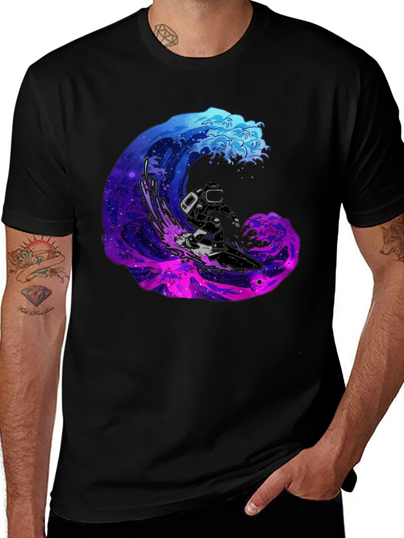 Astronaut Surfing Galaxy Wave Black T-Shirt