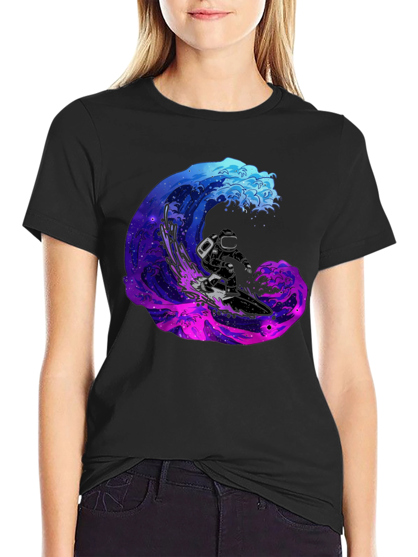 Astronaut Surfing Galaxy Wave Black T-Shirt