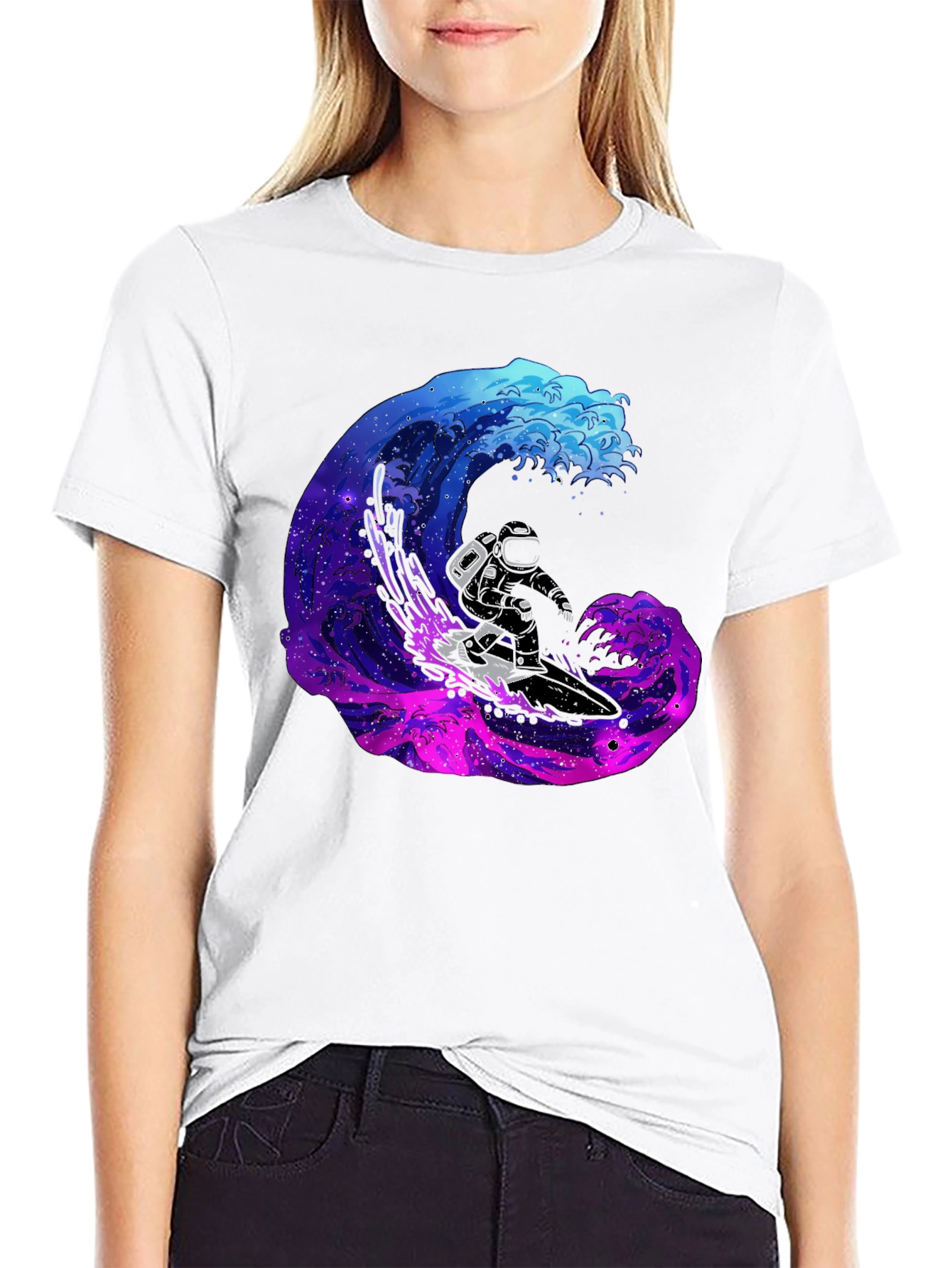 Astronaut Surfing Galaxy Wave Black T-Shirt
