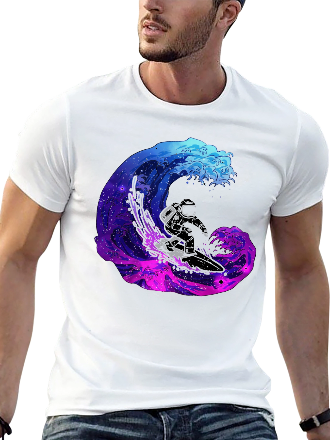Astronaut Surfing Galaxy Wave Black T-Shirt