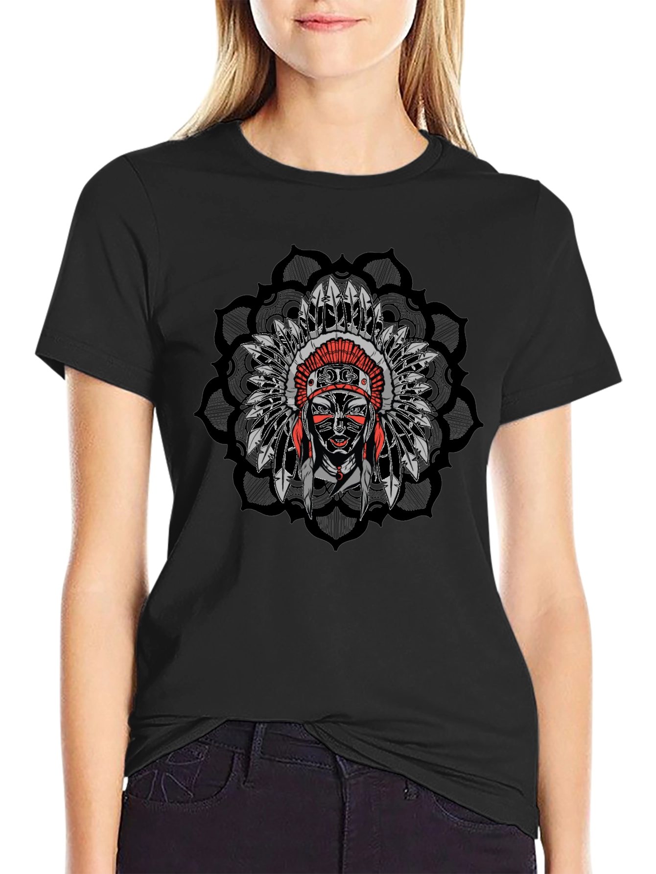 Native American Chief Headdress Mandala Mens Black T-Shirt