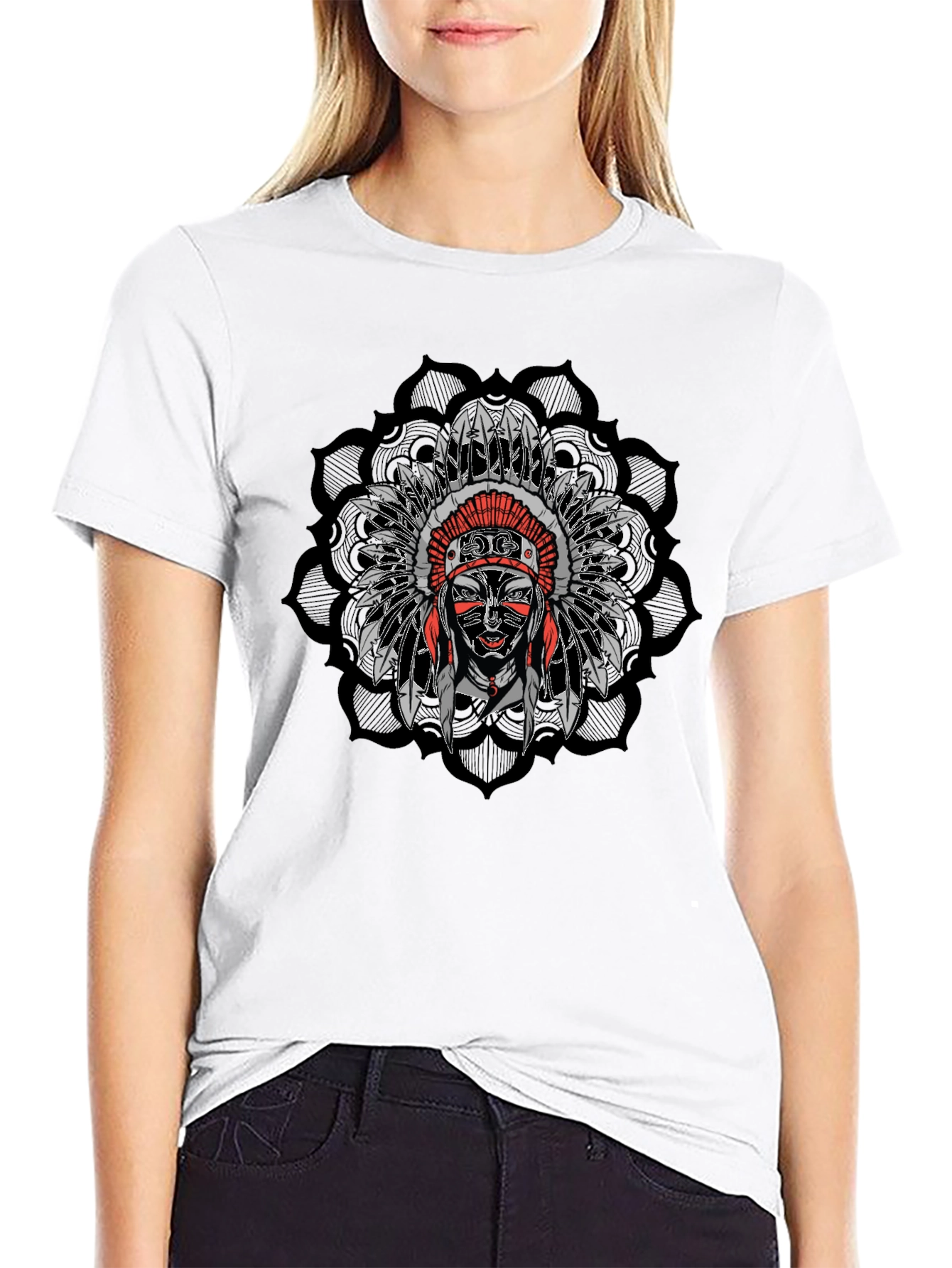 Native American Chief Headdress Mandala Mens Black T-Shirt
