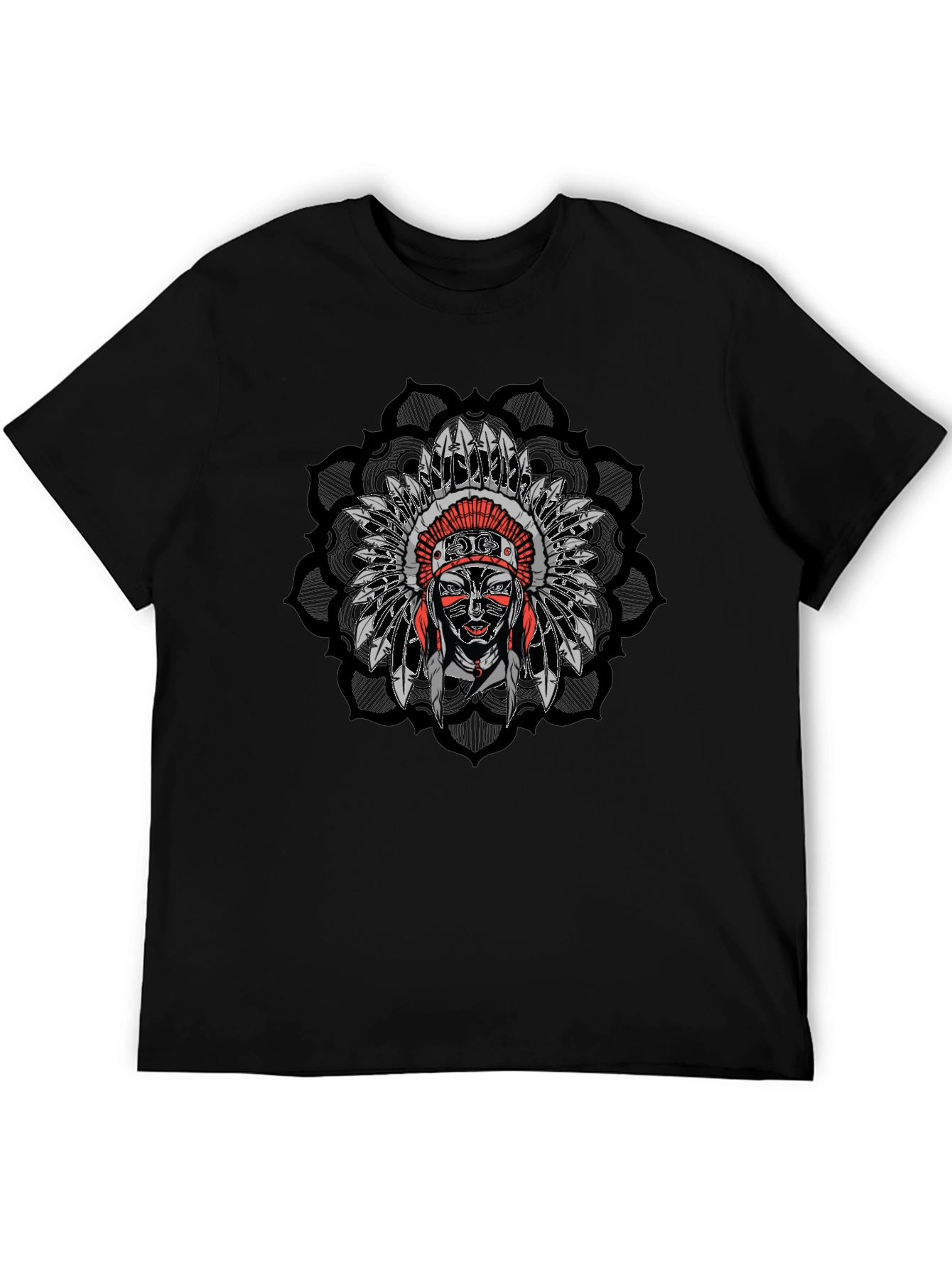 Native American Chief Headdress Mandala Mens Black T-Shirt