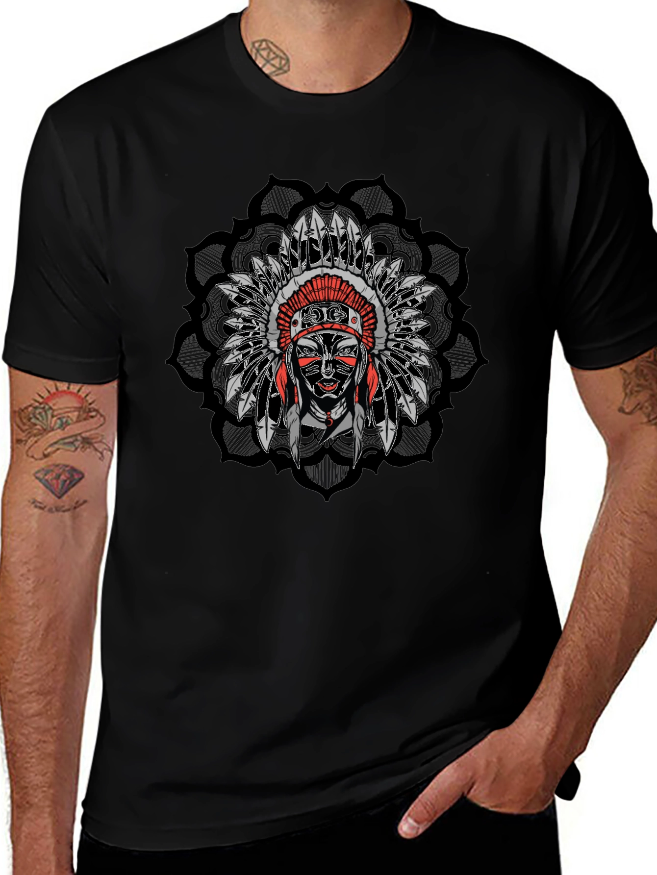 Native American Chief Headdress Mandala Mens Black T-Shirt
