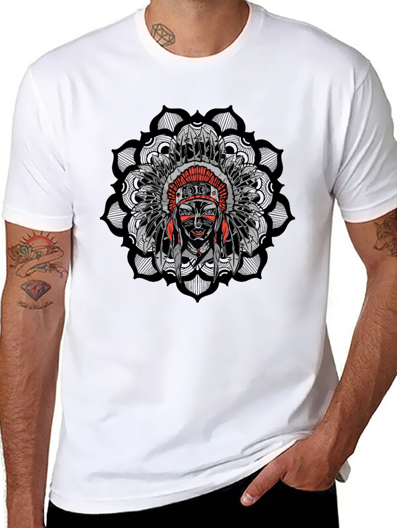 Native American Chief Headdress Mandala Mens Black T-Shirt