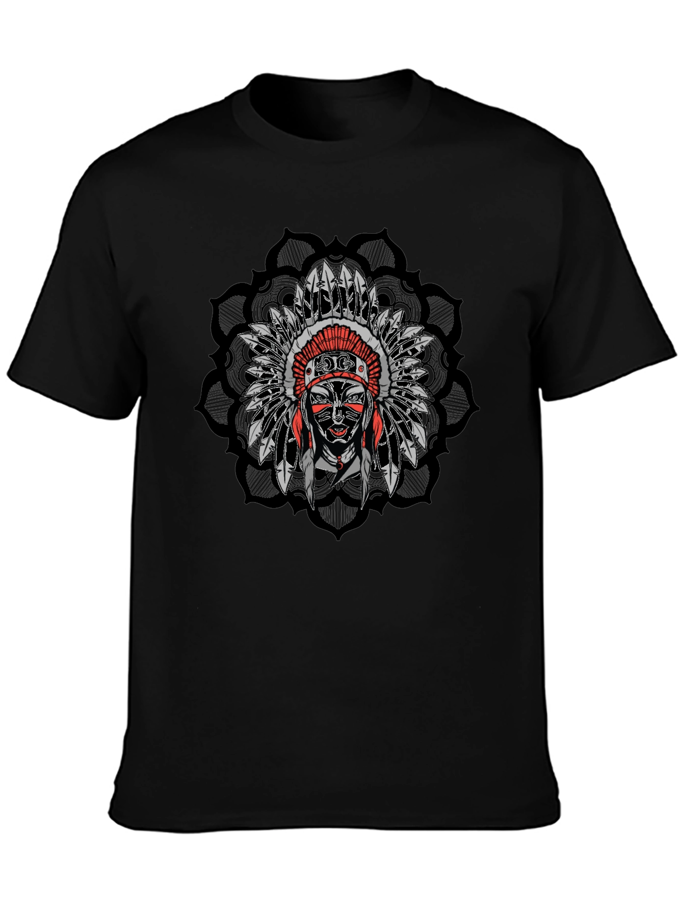 Native American Chief Headdress Mandala Mens Black T-Shirt