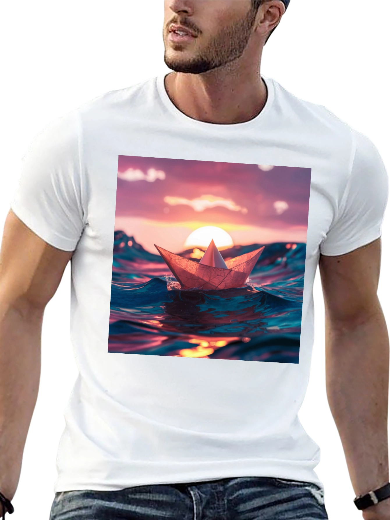 Paper Boat Sunset Graphic T-Shirt
