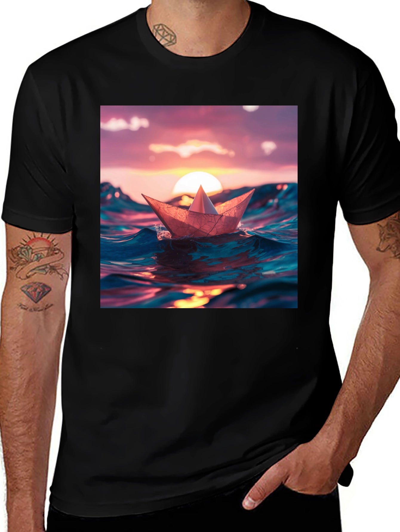 Paper Boat Sunset Graphic T-Shirt