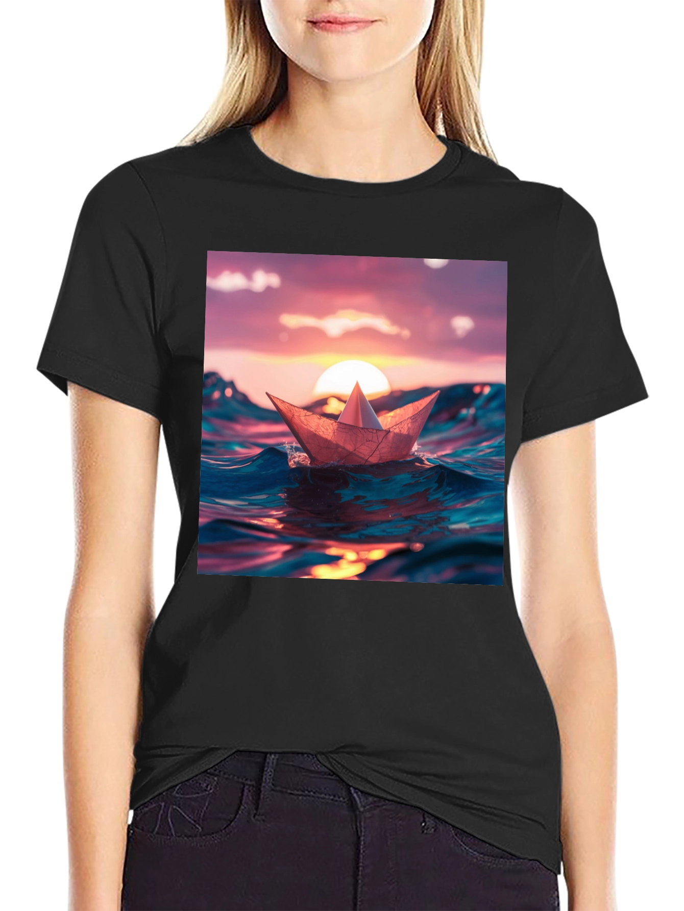 Paper Boat Sunset Graphic T-Shirt