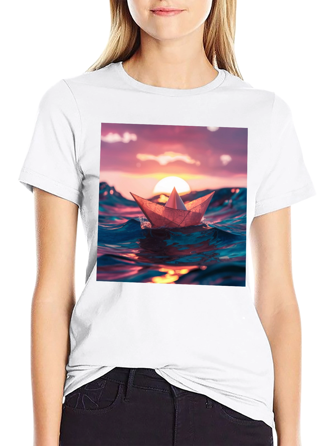 Paper Boat Sunset Graphic T-Shirt