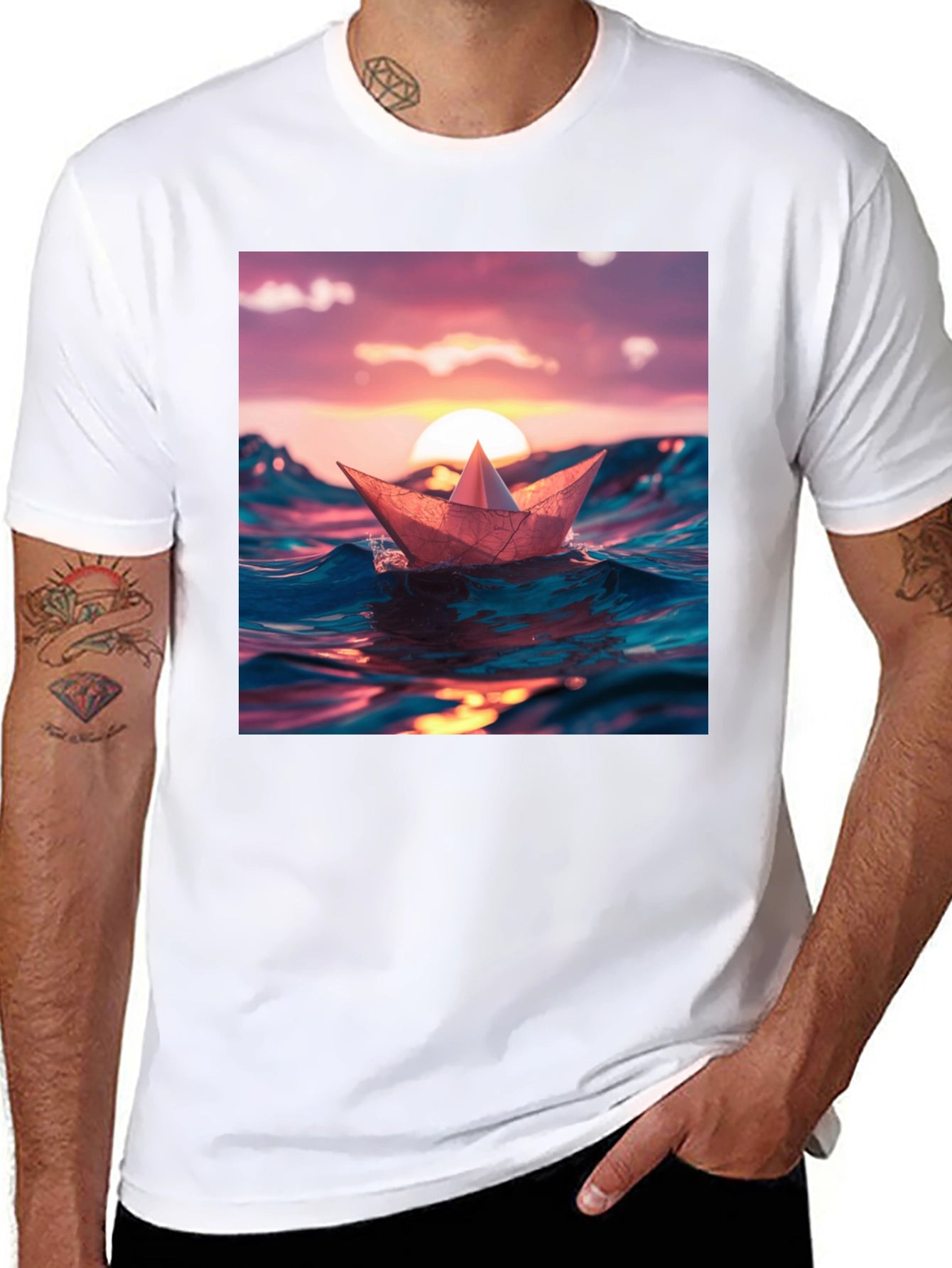 Paper Boat Sunset Graphic T-Shirt