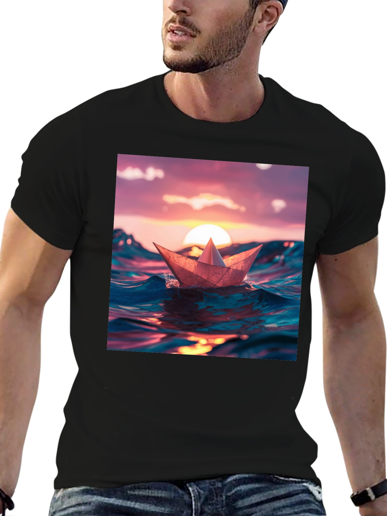 Paper Boat Sunset Graphic T-Shirt
