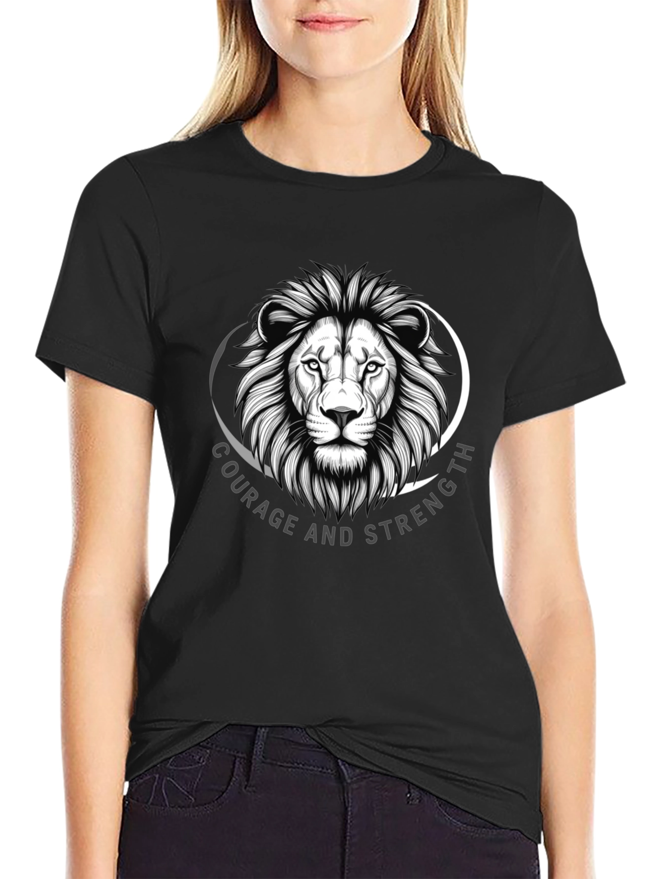 Courage & Strength Lion Graphic Black T-Shirt