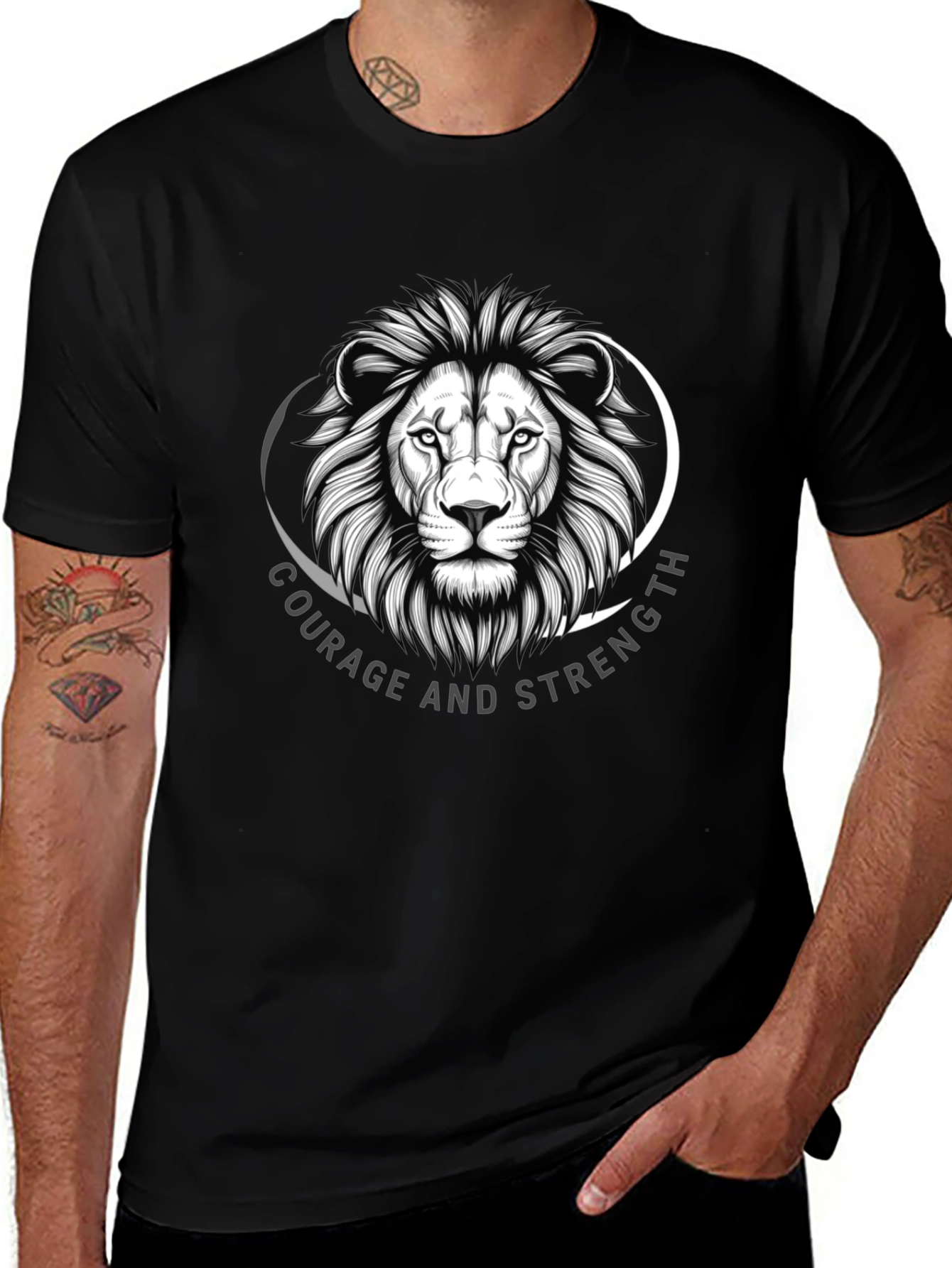 Courage & Strength Lion Graphic Black T-Shirt
