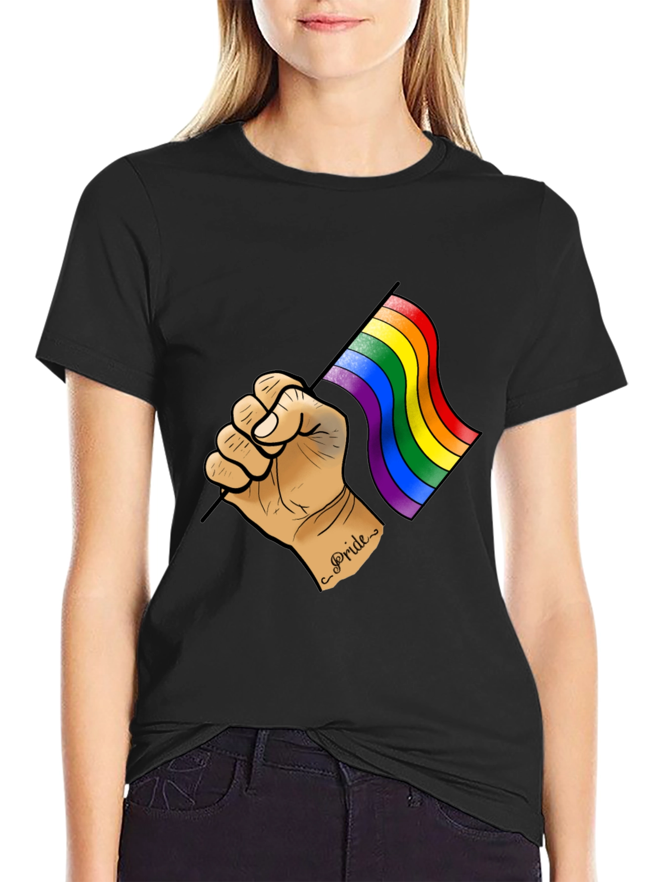 Pride Flag Graphic Tee - Black Cotton T-Shirt