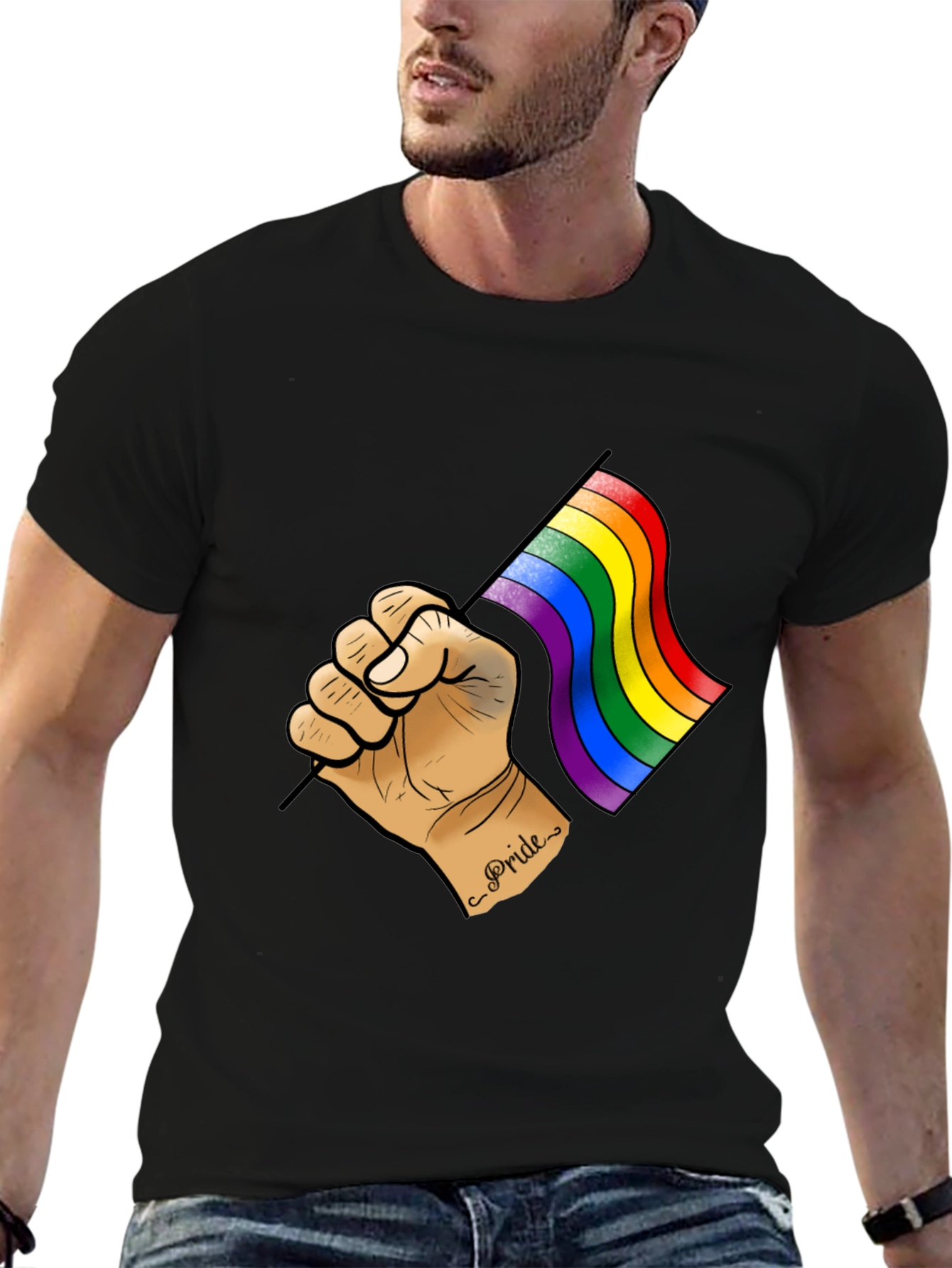 Pride Flag Graphic Tee - Black Cotton T-Shirt