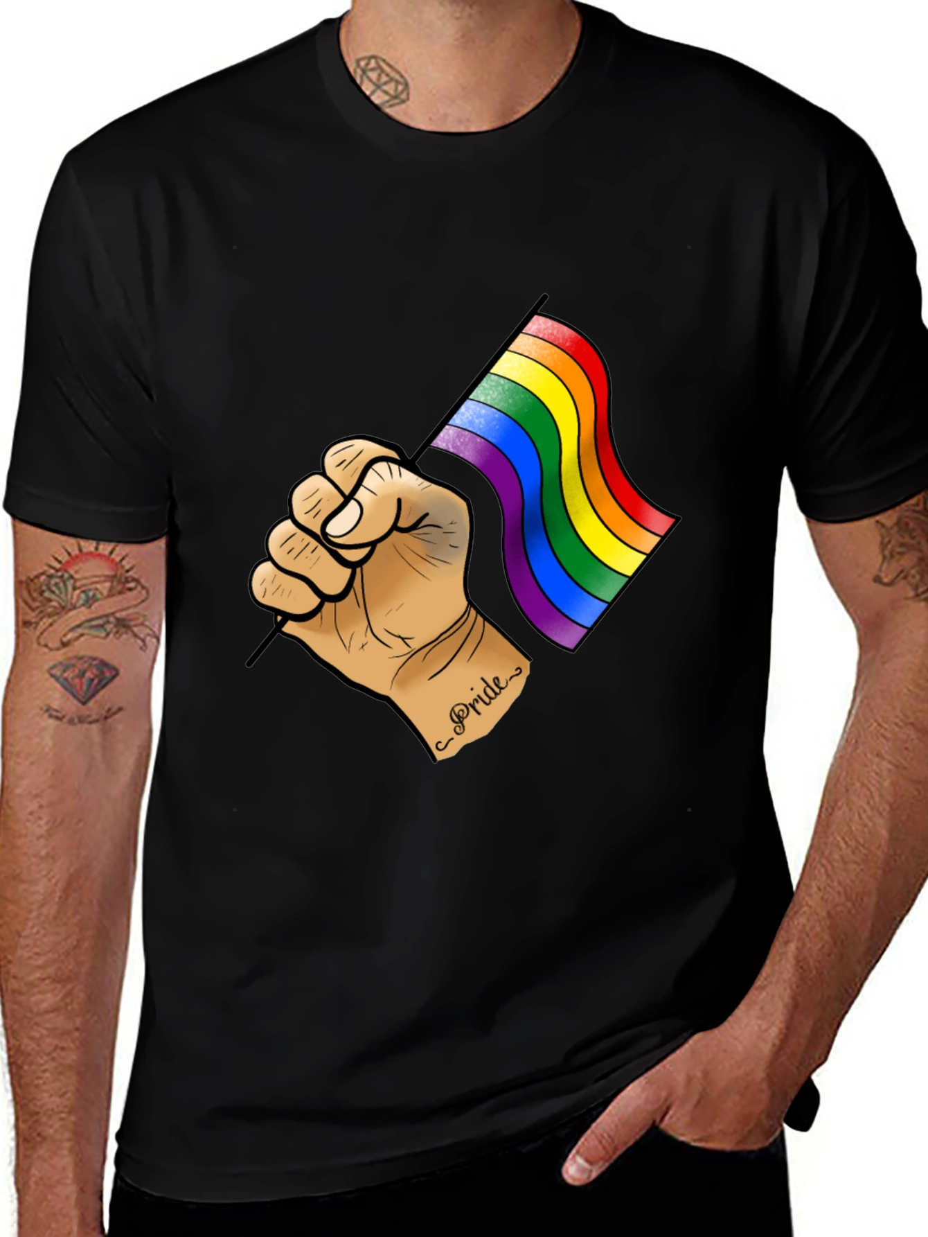 Pride Flag Graphic Tee - Black Cotton T-Shirt
