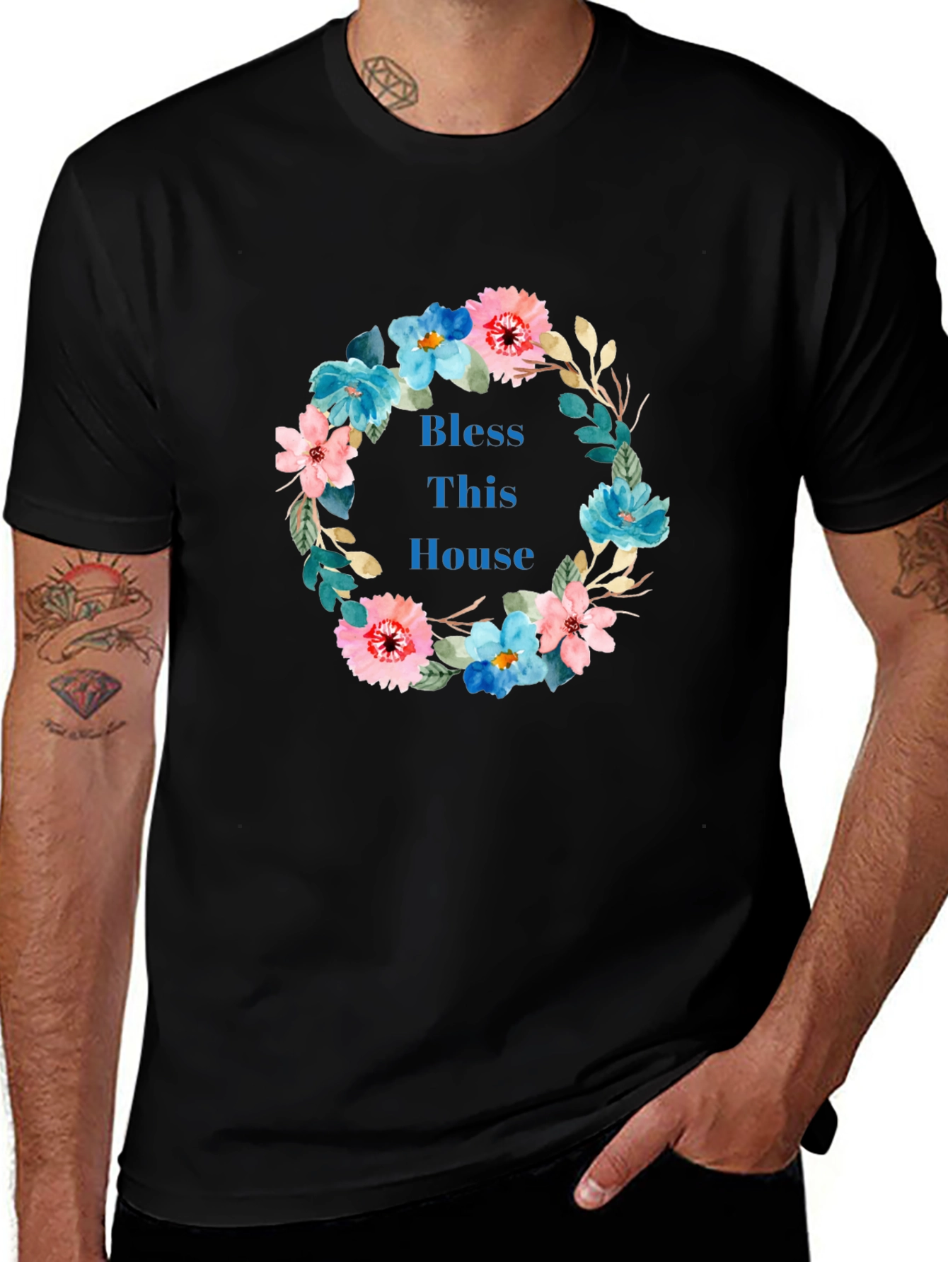 Bless This House Floral Wreath Black T-Shirt