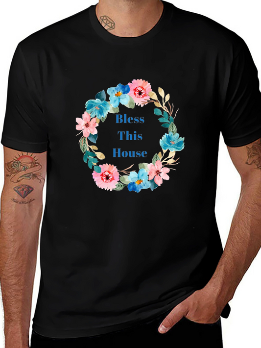Bless This House Floral Wreath Black T-Shirt