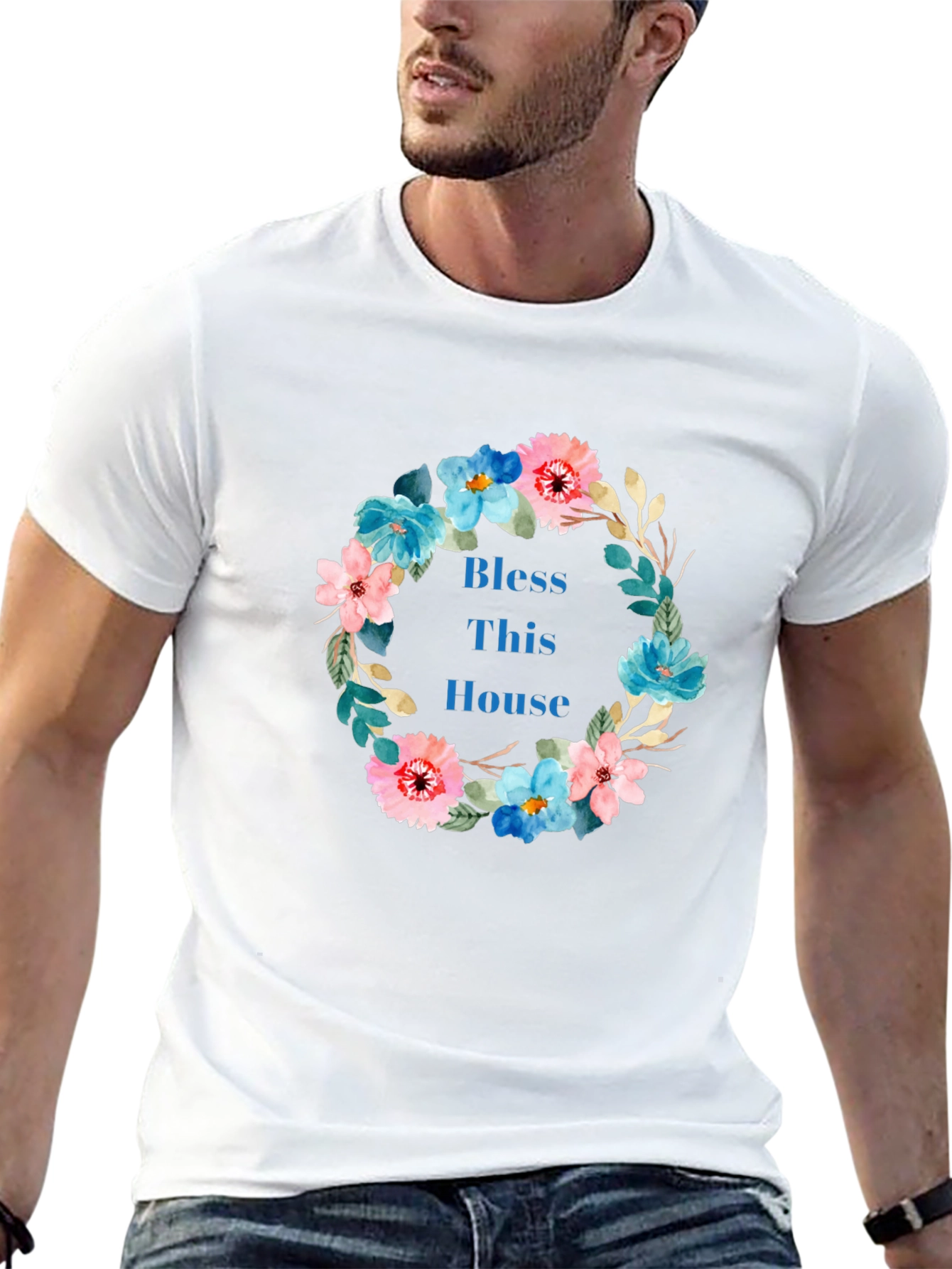 Bless This House Floral Wreath Black T-Shirt
