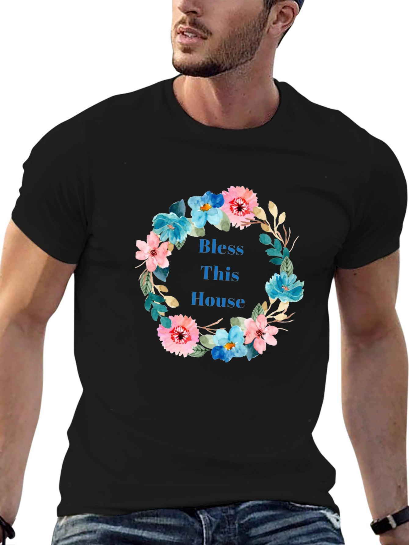 Bless This House Floral Wreath Black T-Shirt
